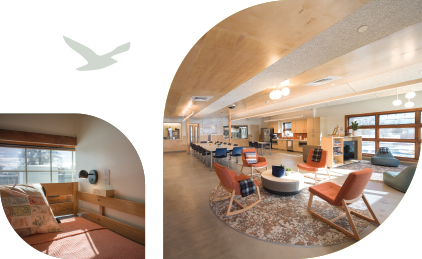 Photo of a bed and common area of The Landing youth shelter.