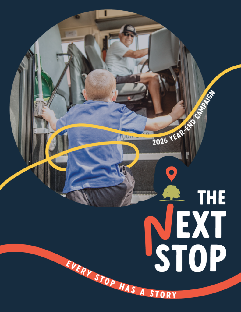 cover image for The Next Stop campaign for The Matthews House with small boy stepping up into bus